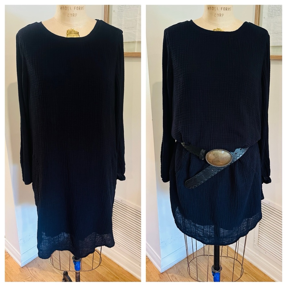 Velvet by Graham & Spencer Black Gauze Crinkled Cotton Tunic Dress Cover-Up, Lg